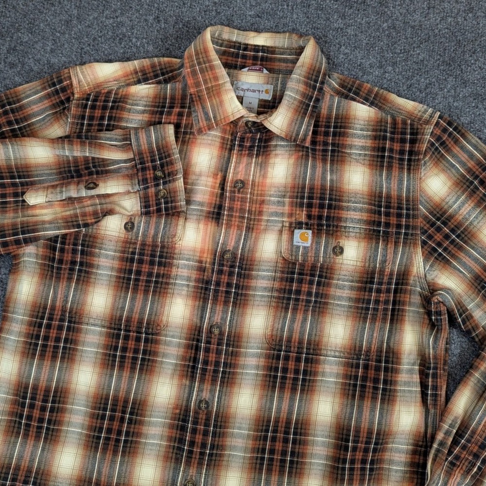 Carhartt Mens M Original Fit Long Sleeve Plaid Flannel Shirt Orange Brown Plaid